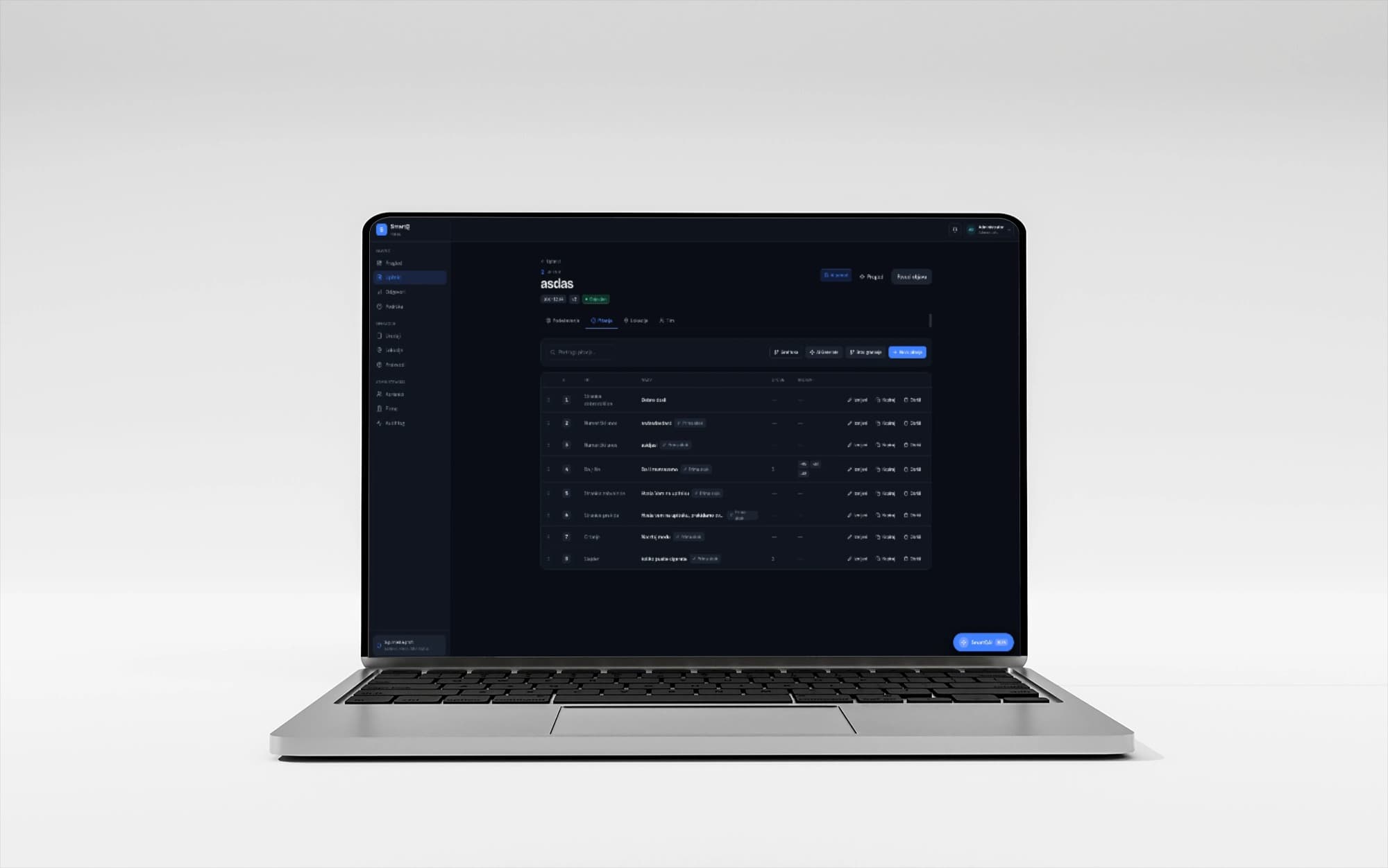 Smart Questionnaire admin dashboard showing active devices, locations, products, users, and collected-data metrics.